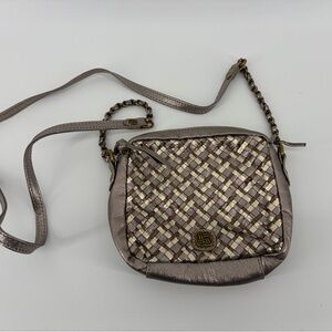 Elliott Lucca Gold Metallic‎ Woven Leather Crossbody Chain Bag Purse